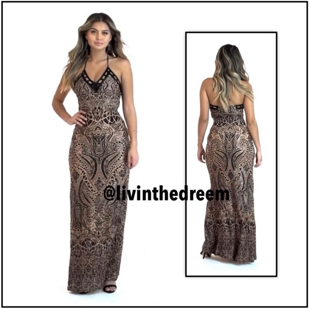 Elegant Black and Gold Halter Maxi Dress Size Large